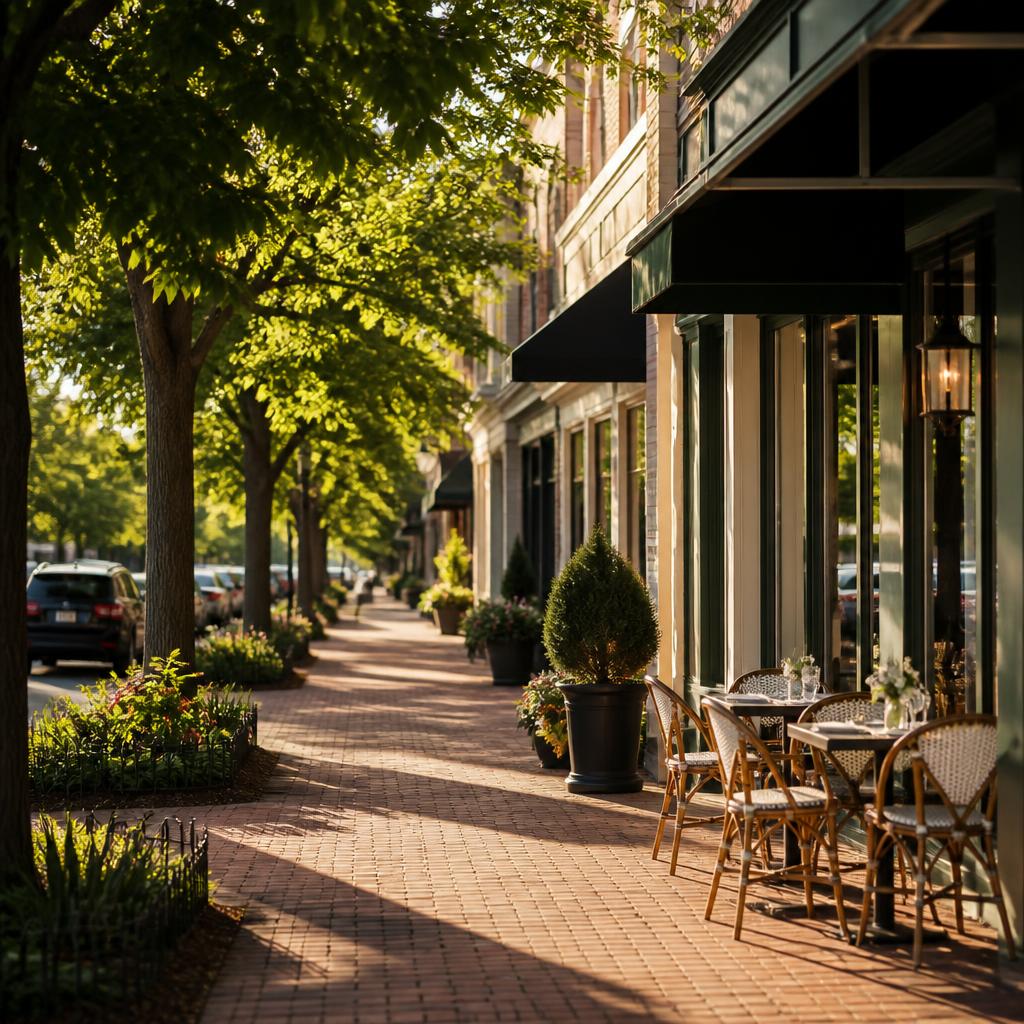 Tree-lined main street with brick sidewalks and a sidewalk cafe
