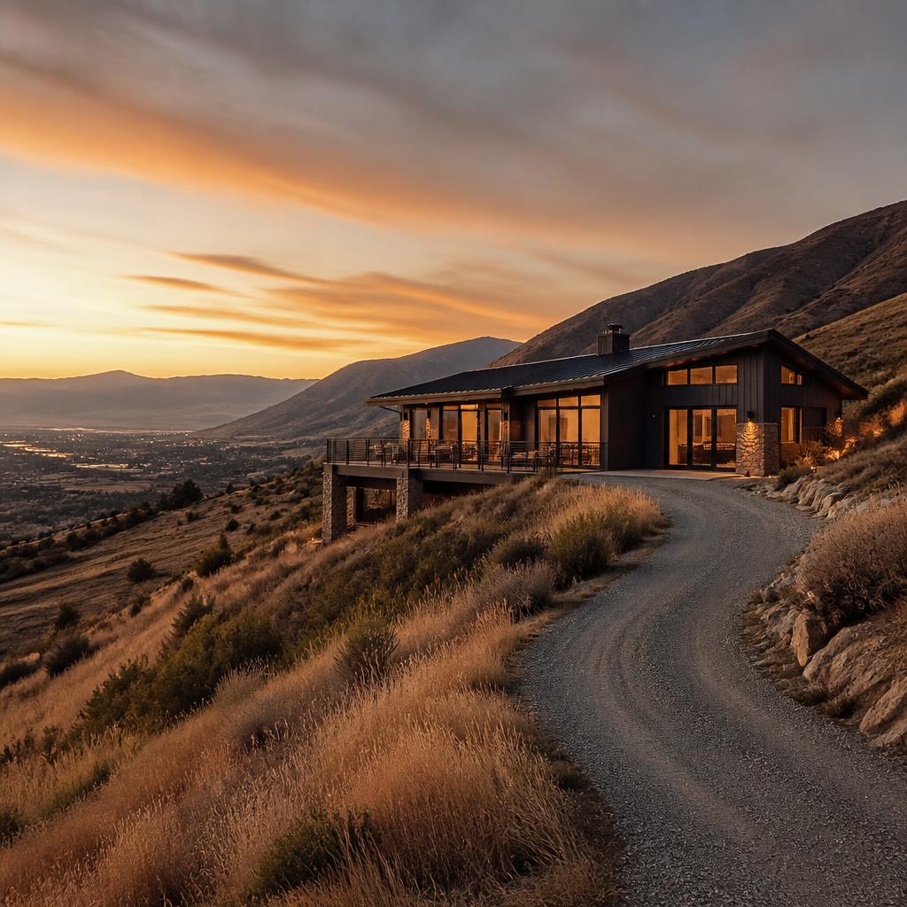 Hillside home on an open foothill slope overlooking the valley at dusk