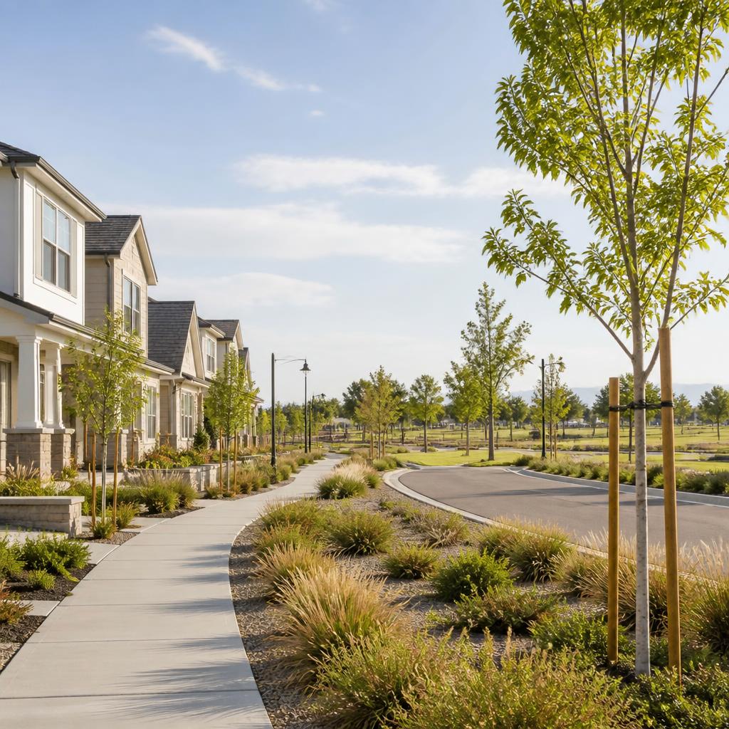 Modern suburban street with sidewalks, young trees and a park