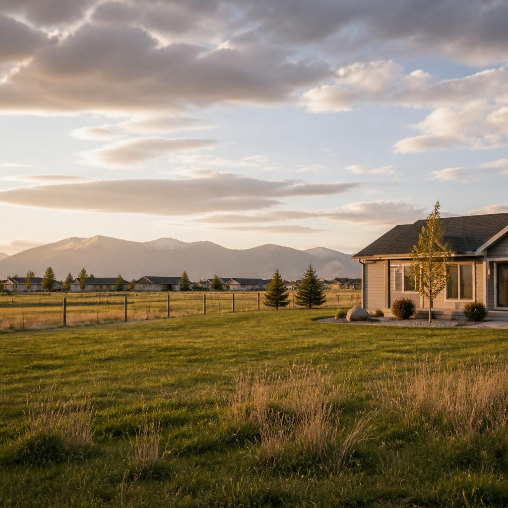 Newer single-story home on a large grassy lot with mountains beyond